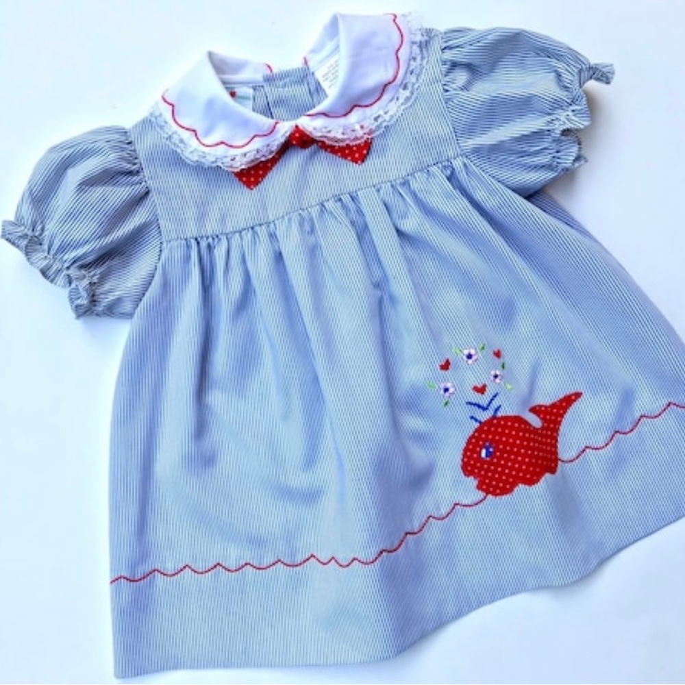 Vtg 90s Baby/Toddlers Dress, Blue/White Pin Stripe, Whale Applique, Sz 18 mths